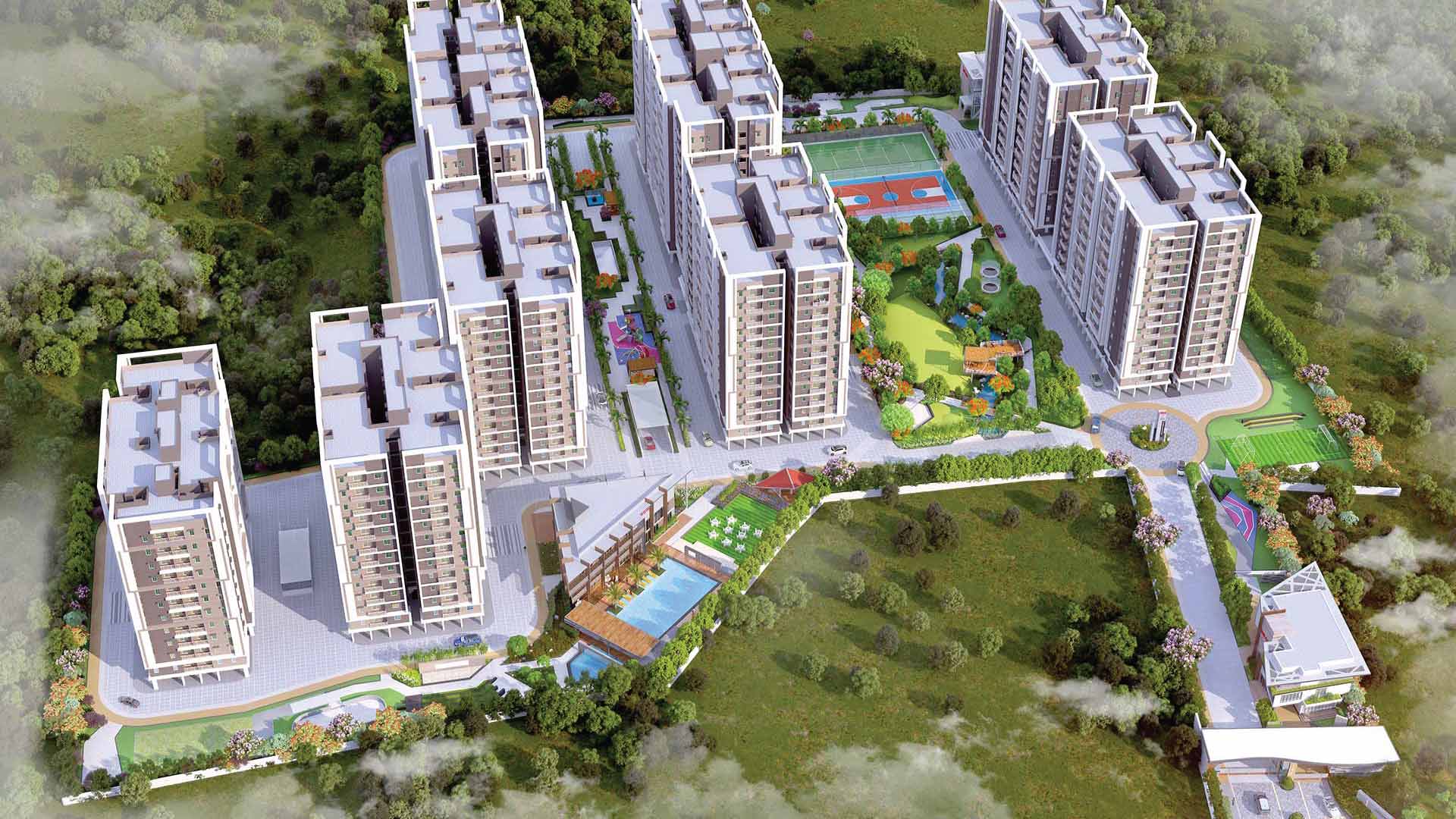 Bird’s-eye aerial view of DSR Highland Greenz residential community in Doddakannelli, Bengaluru