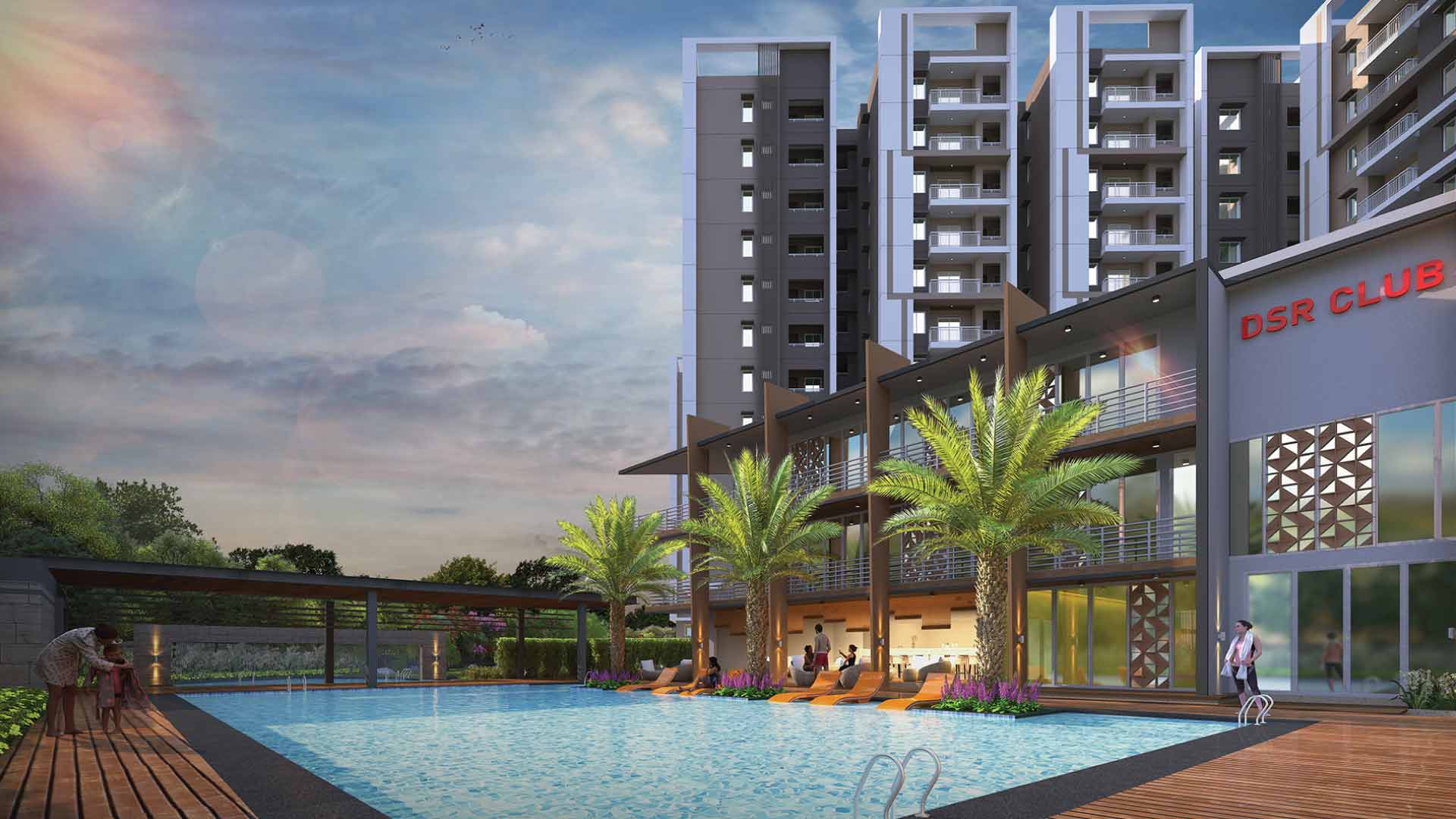 Clubhouse with swimming pool at dsr highland greenz in doddakannelli, bengaluru