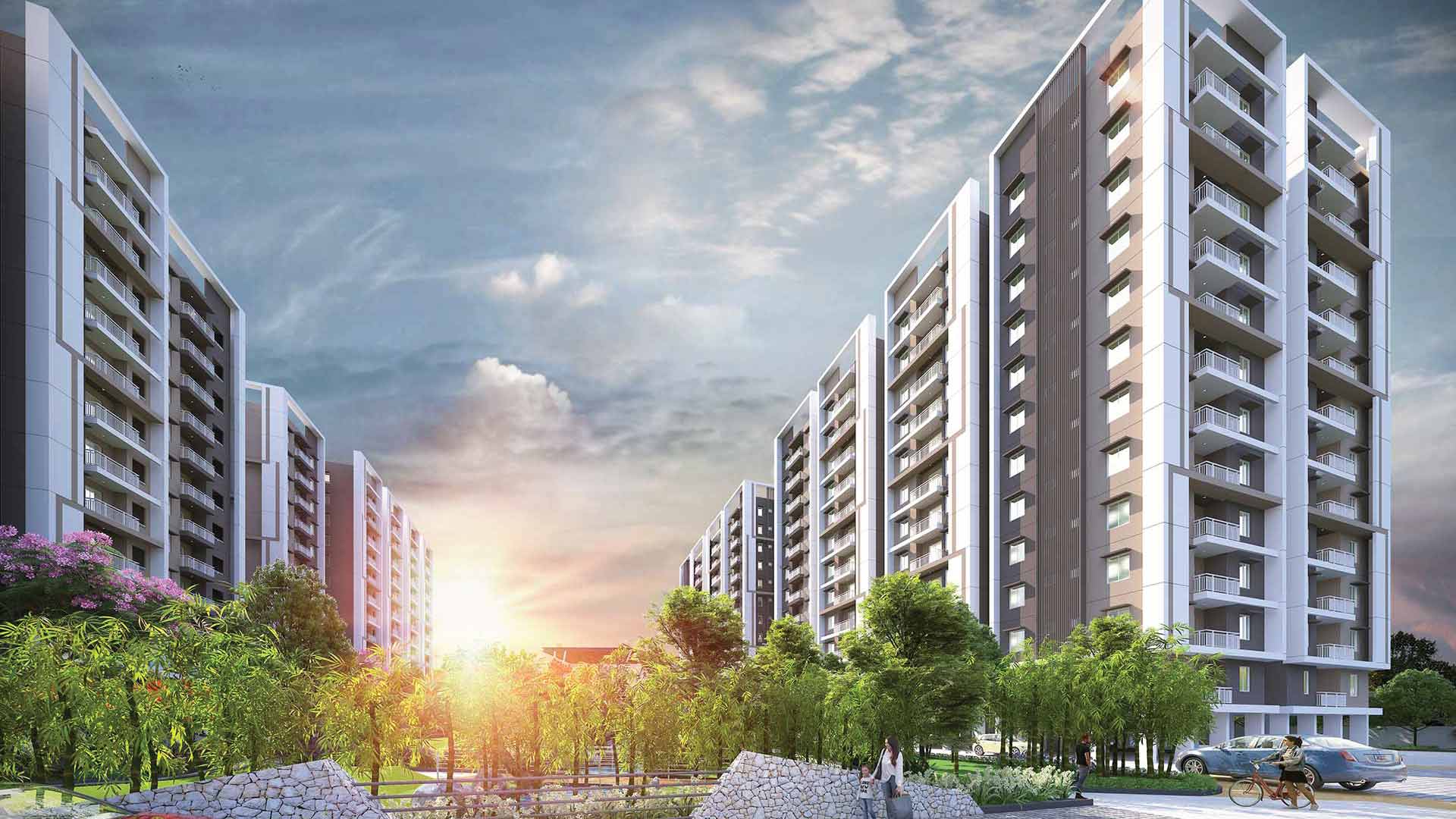 Elevation view between two residential towers at dsr highland greenz in doddakannelli, bengaluru