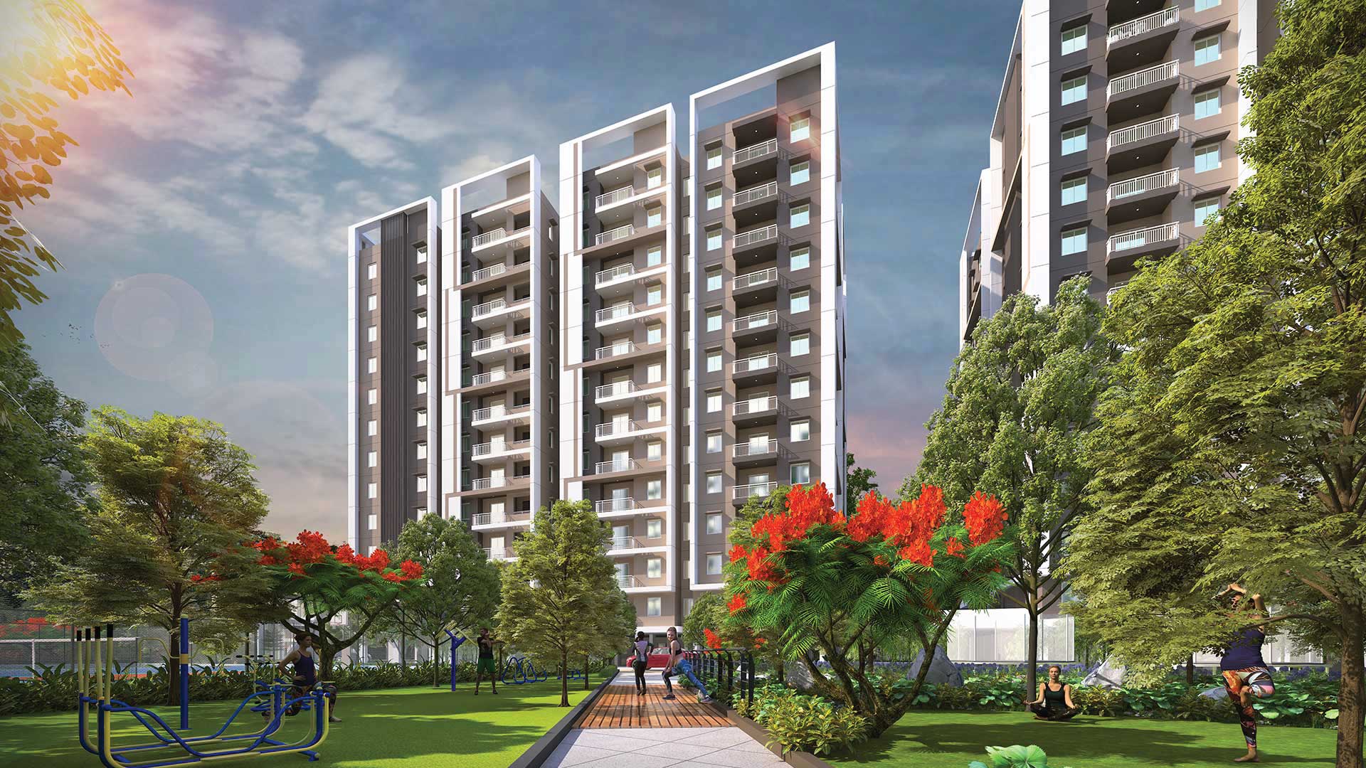 Elevation view of DSR Highland Greenz apartments overlooking landscaped relaxation areas in Doddakannelli, Bengaluru