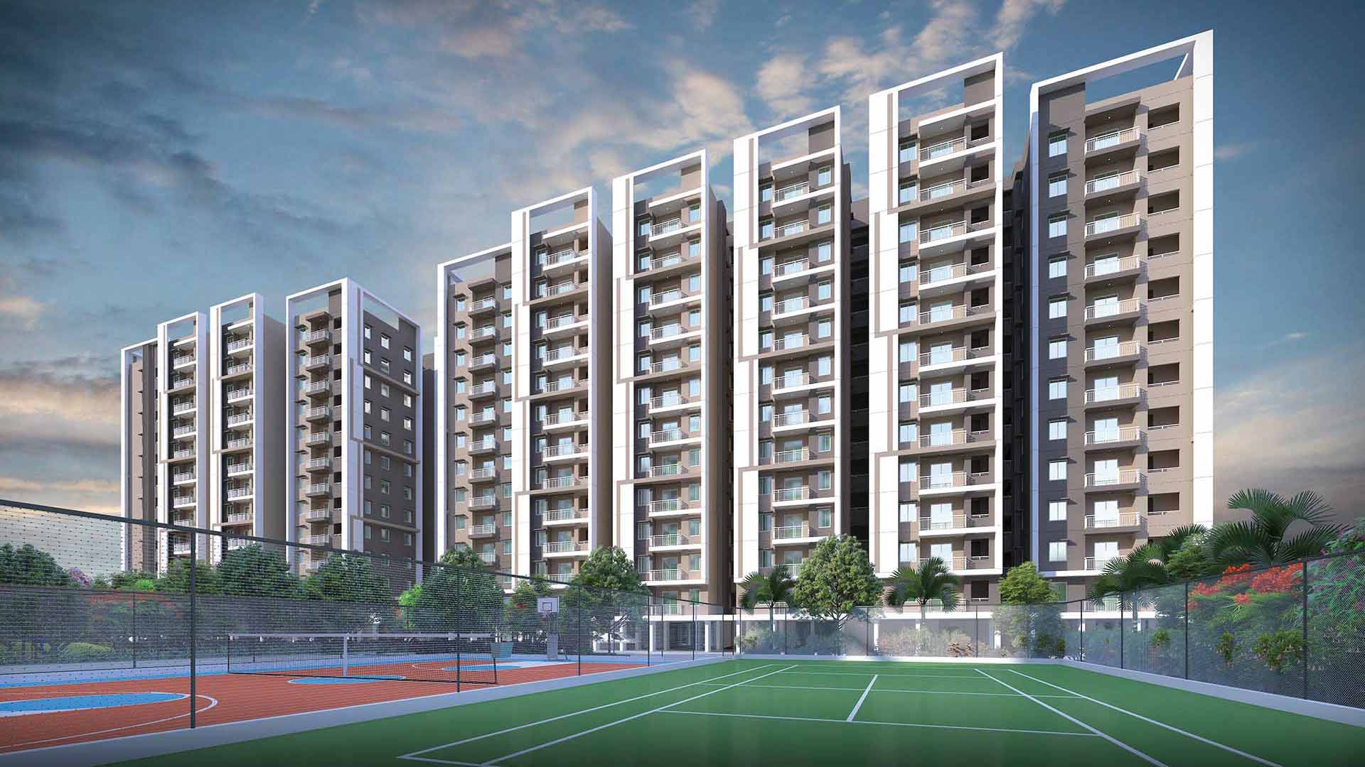 Sports amenities area with courts and open activity spaces at dsr highland greenz in doddakannelli, bengaluru